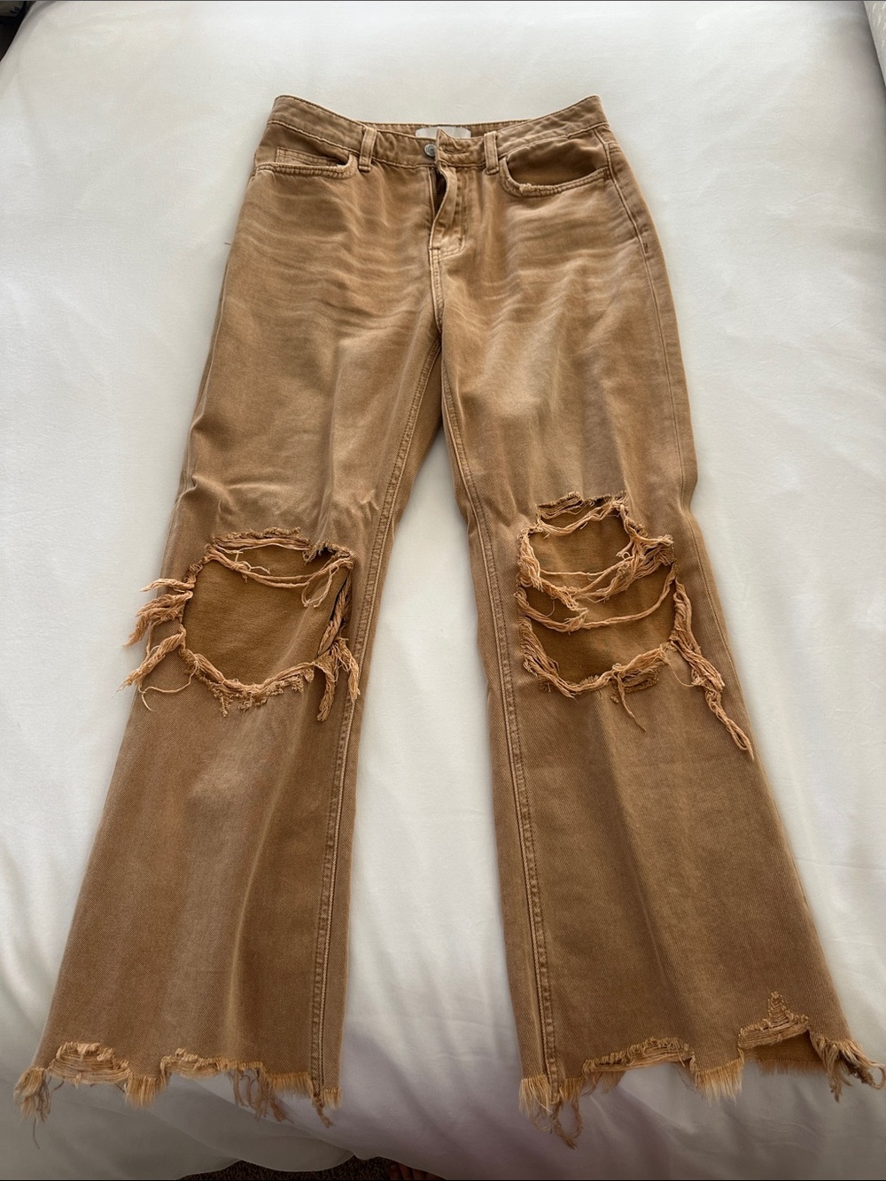 Distressed Wide-Leg Jeans in Tan — Women's Flare Jeans